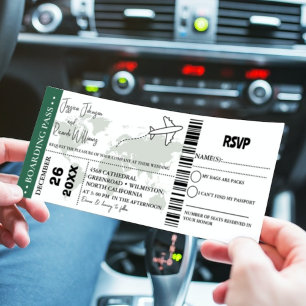 Green Wedding invitation Boarding pass ticket