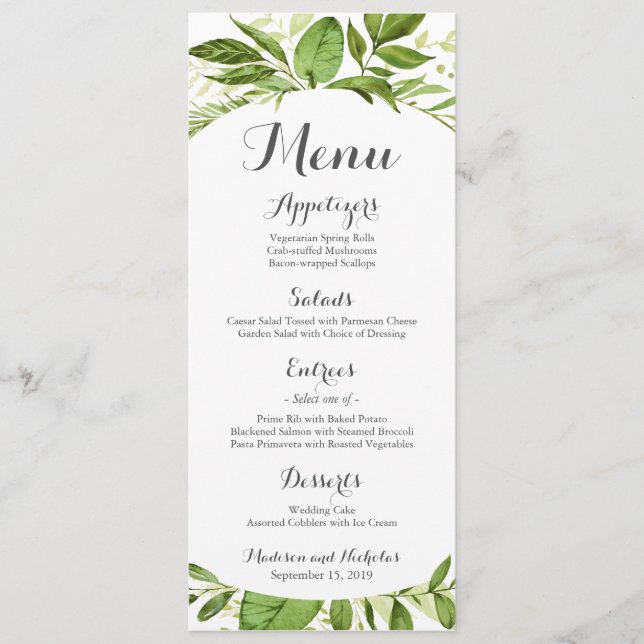 Green Wedding Menu Rack Cards, Rustic Greenery (Front)