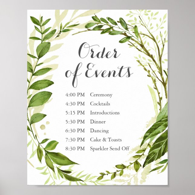 Green Wedding Order of Events Sign Rustic Greenery (Front)