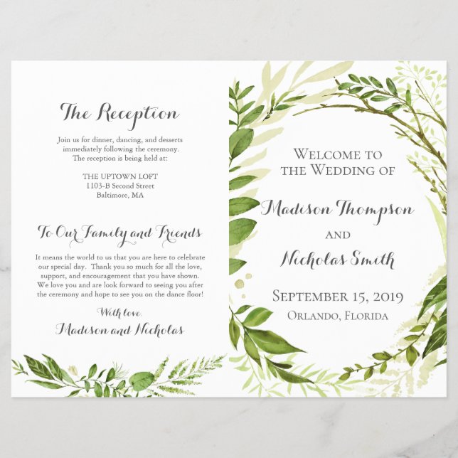 Green Wedding Program Booklets, Rustic Greenery (Front)