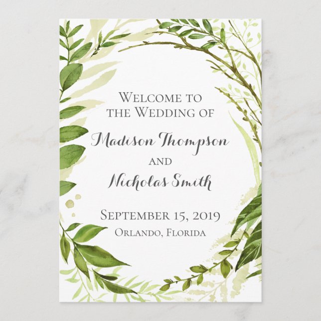 Green Wedding Program Cards, Rustic Greenery (Front)