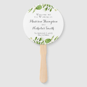 Green Wedding Program Circle Fan, Rustic Greenery Hand Fan