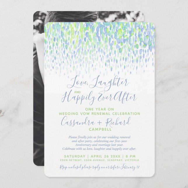 Green wedding vow renewal 1 year on happily after invitation (Front/Back)