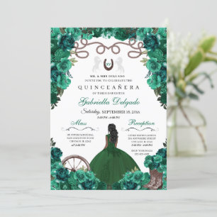 Green Western Charra Girl Ranchero Quinceanera Invitation