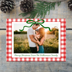 Green Whimsical Bow Red Gingham Print Christmas Holiday Card