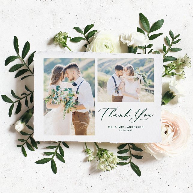 Green Whimsical Calligraphy Photo Collage Wedding Thank You Card (Creator Uploaded)