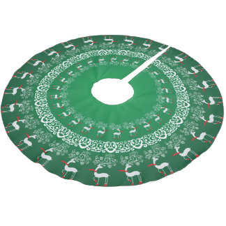 Green Whimsical Christmas Prancing Deer and Lace Brushed Polyester Tree Skirt
