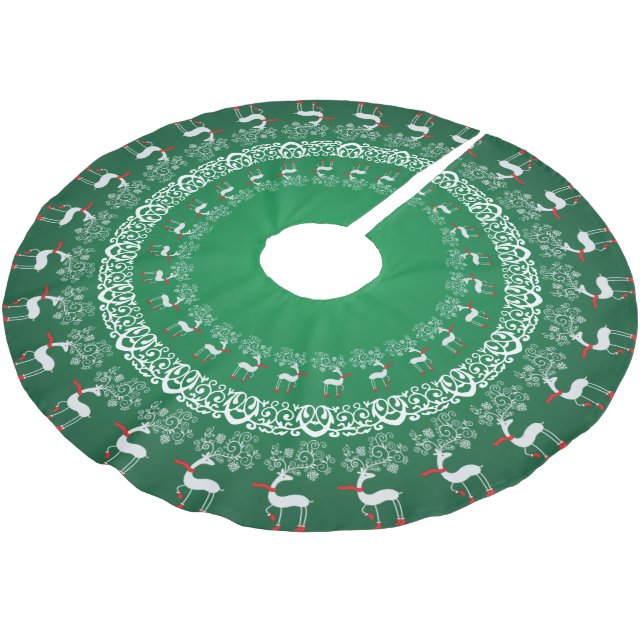 Green Whimsical Christmas Prancing Deer and Lace Brushed Polyester Tree Skirt (Angled)