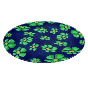 Green Whimsical Flowers Daisies on Blue Background Cutting Board