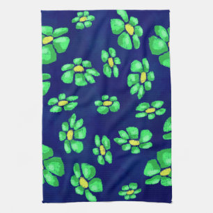 Green Whimsical Flowers Daisies on Blue Background Kitchen Towel