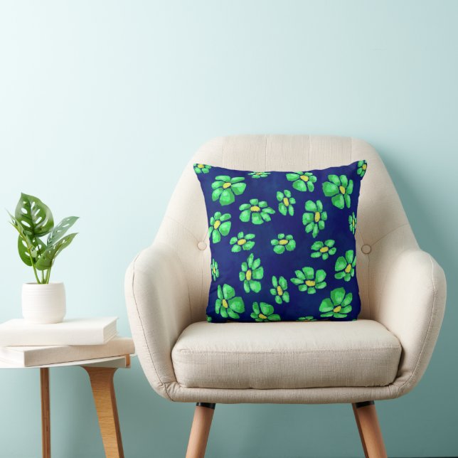 Green Whimsical Flowers Daisies on Blue Background Throw Pillow (Chair)