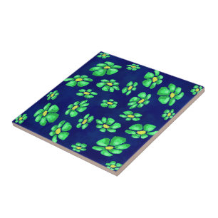 Green Whimsical Flowers Daisies on Blue Background Tile