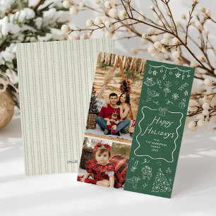 Green Whimsical Hand Drawn Happy Holidays 2 Photo Holiday Card
