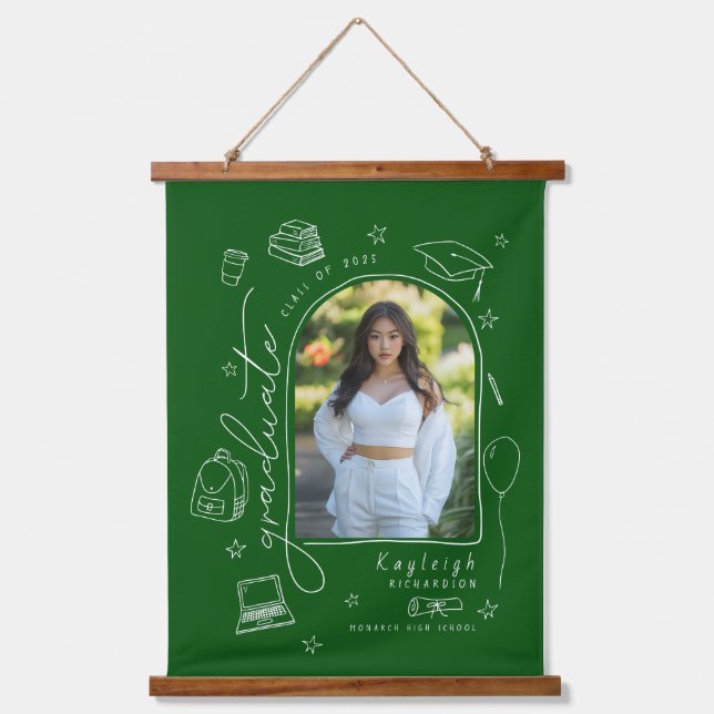 Green Whimsical Hand Drawn Photo Graduation  Hanging Tapestry (Front)