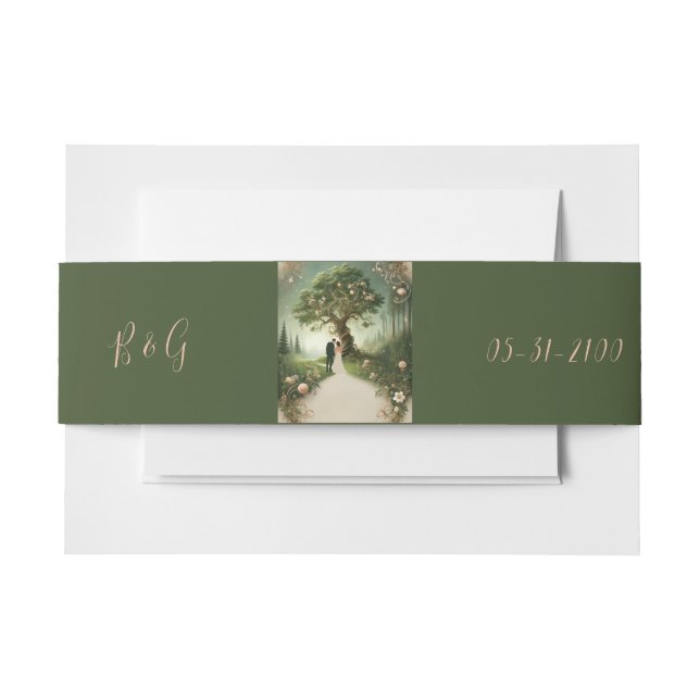 green Whimsical Medieval Forest Wedding Invitation Belly Band (Front Example)