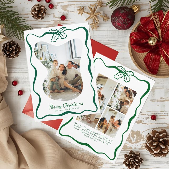 Green Whimsical Photo Doodle Poinsettia Christmas Holiday Card (Creator Uploaded)