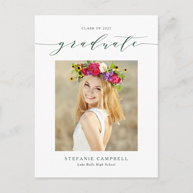 Green Whimsical Script 2022 Photo Graduation Announcement Postcard (Front)