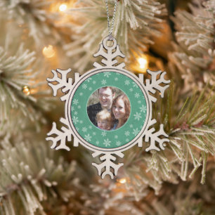 Green Whimsical Snowflakes Photo Pewter Ornament