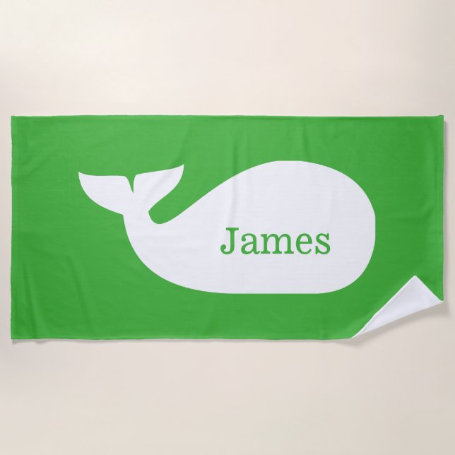 Green Whimsical Whale Personalized Children's Beach Towel (Front)