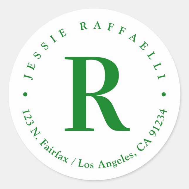 Green & White 2 | Monogram Return Address Classic Round Sticker (Front)
