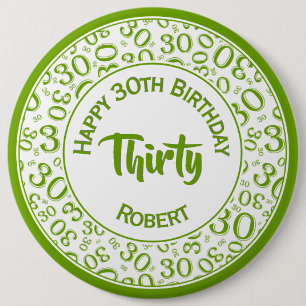 Green/White 30th Birthday Party Number 30 Pattern 6 Inch Round Button