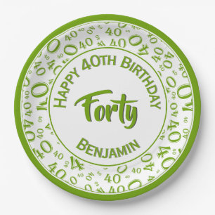 Green/White 40th Birthday Party Number Pattern Paper Plate