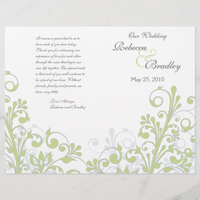 Green & White Abstract Floral Wedding Program (Front)