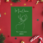 Green white abstract reindeer modern Christmas Holiday Card<br><div class="desc">Green background,  and a white abstract one line reindeer.  Personalize and add a name and year. Text: Merry Christmas. 

Back: add your note and your names.</div>