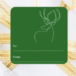 Green white abstract reindeer modern Christmas Square Sticker<br><div class="desc">A green background,  and a white abstract one line reindeer.  A to/from tag.  space for you to write by hand.</div>