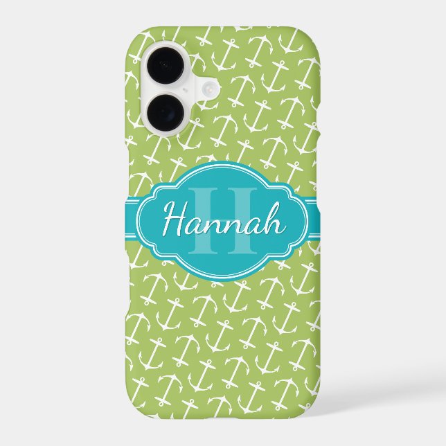 Green White Anchor Pattern Teal Monogram (Back)