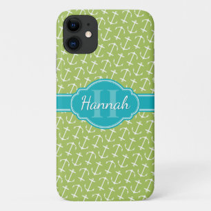 Green White Anchor Pattern Teal Monogram iPhone 11 Case