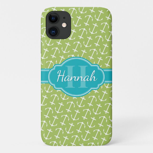 Green White Anchor Pattern Teal Monogram Case-Mate iPhone Case (Back)
