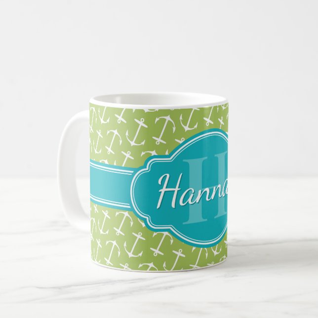 Green White Anchor Pattern Teal Monogram Coffee Mug (Front Left)