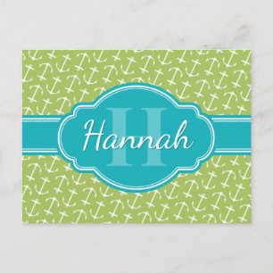Green White Anchor Pattern Teal Monogram Postcard