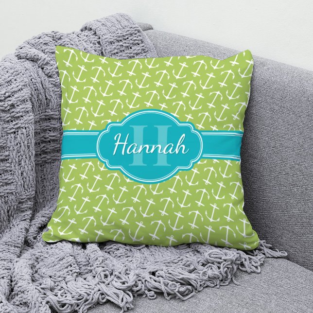 Green White Anchor Pattern Teal Monogram Throw Pillow (Creator Uploaded)