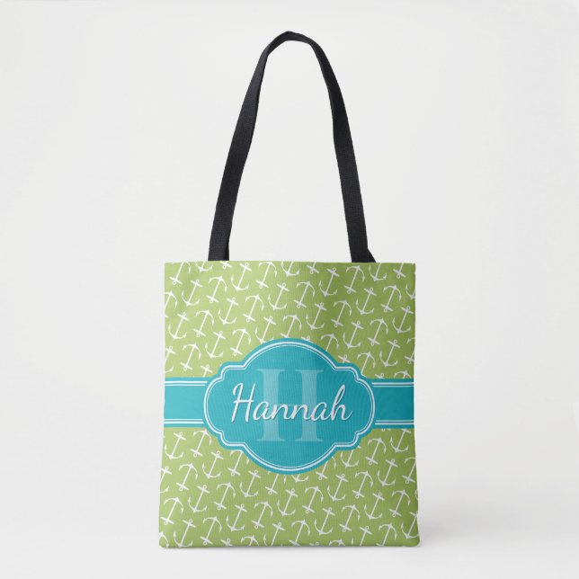 Green White Anchor Pattern Teal Monogram Tote Bag (Front)