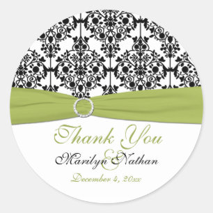 Green, White and Black Damask 3" Round Sticker