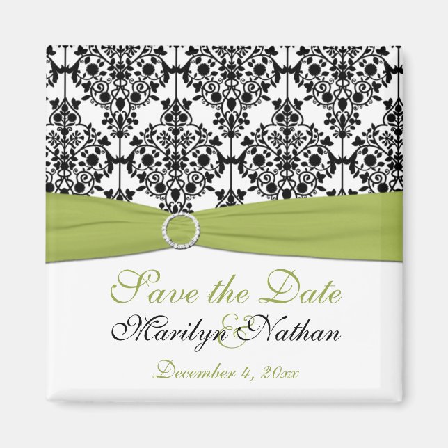 Green, White, and Black Damask Wedding Magnet (Front)