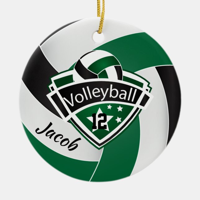 Green, White and Black Volleyball Ceramic Ornament (Front)