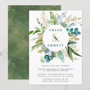 Green White and Gold Botanical Wedding Invitation