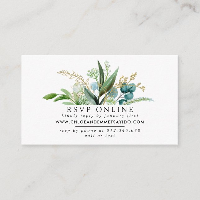 Green White and Gold Botanical Wedding RSVP Enclosure Card (Front)