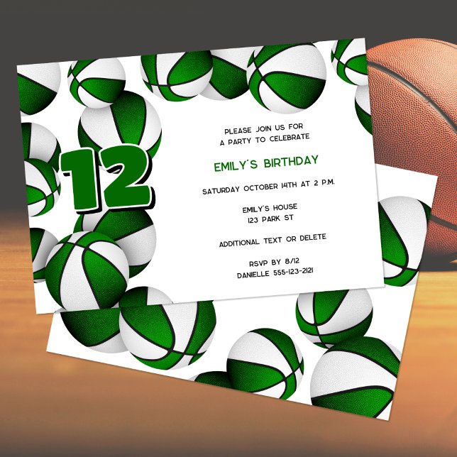 green white basketballs girls boys birthday party invitation (front & back views)