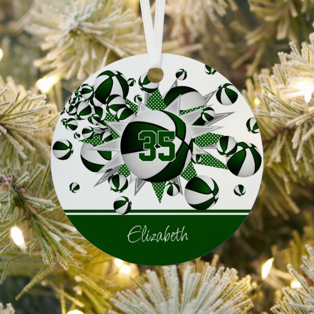 green white basketballs stars personalized  metal ornament (Insitu)