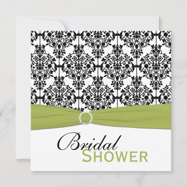 Green, White, Black Damask Bridal Shower Invite (Front)