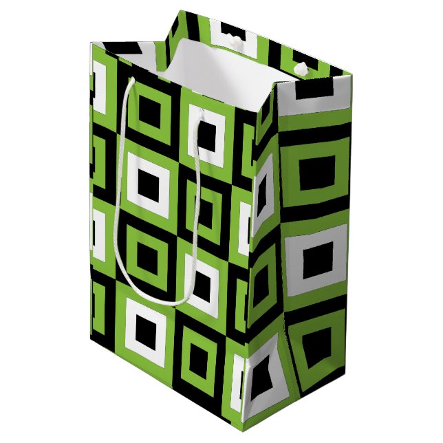 Green White Black Squares Geometric Medium Gift Bag (Front Angled)