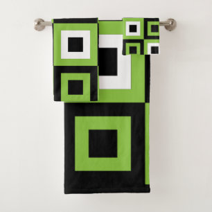 Green White Black Squares Geometric Pattern Bath Towel Set