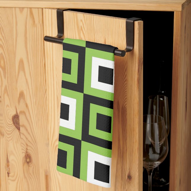 Green White Black Squares Geometric Pattern Kitchen Towel (Thirds Fold)