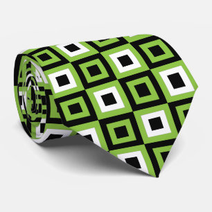 Green White Black Squares Geometric Pattern  Tie