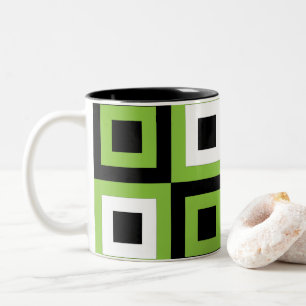 Green White Black Squares Geometric  Two-Tone Coffee Mug