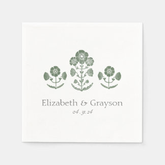 Green & White Botanical Block Print Wedding Napkin